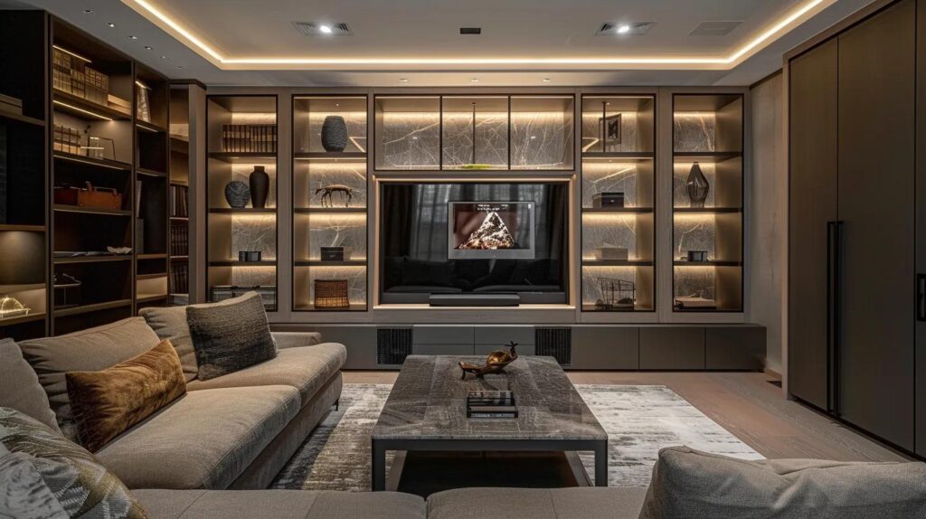 Innovative Basement Finishing Ideas for Unique Storage 2 a modern basement interior showcases sleek custom shelving and built-in cabinets neatly organized with seasonal items and concealed clutter, highlighting efficient use of space in a stylish, moisture-resistant design.