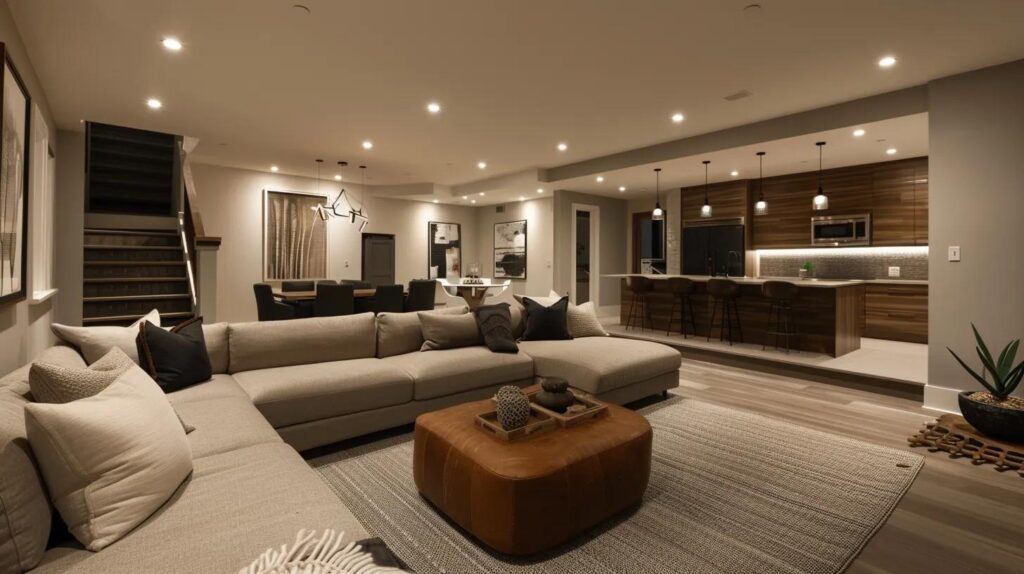 Key Factors in Basement Finishing Costs for Des Moines 1 a modern basement renovation in a stylish des moines home contrasts with a sleek infographic displaying the national average costs, set against a backdrop of elegant furnishings and ambient lighting.
