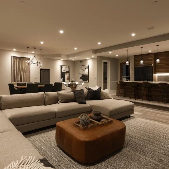 a modern basement renovation in a stylish des moines home contrasts with a sleek infographic displaying the national average costs, set against a backdrop of elegant furnishings and ambient lighting.