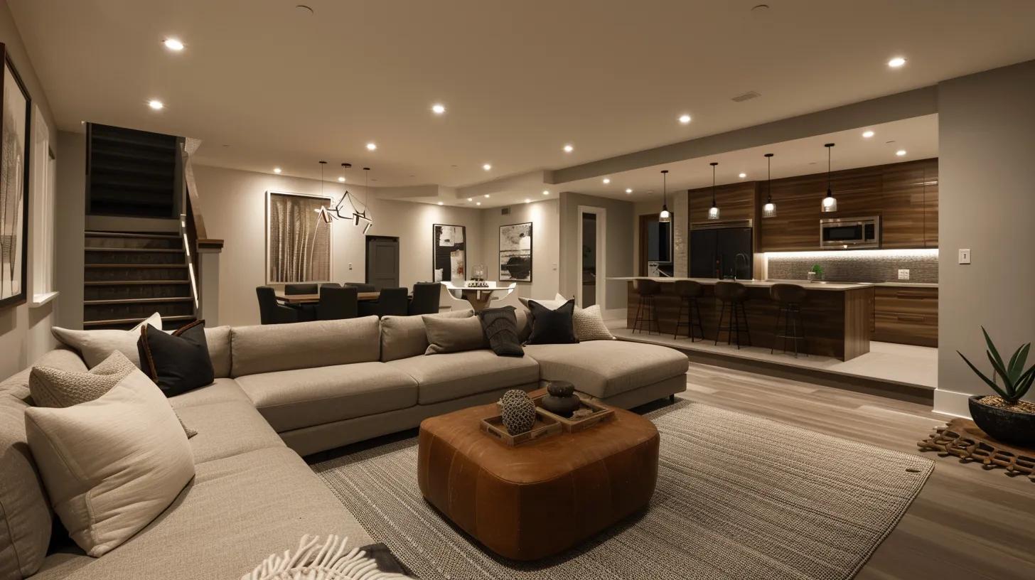 a modern basement renovation in a stylish des moines home contrasts with a sleek infographic displaying the national average costs, set against a backdrop of elegant furnishings and ambient lighting.