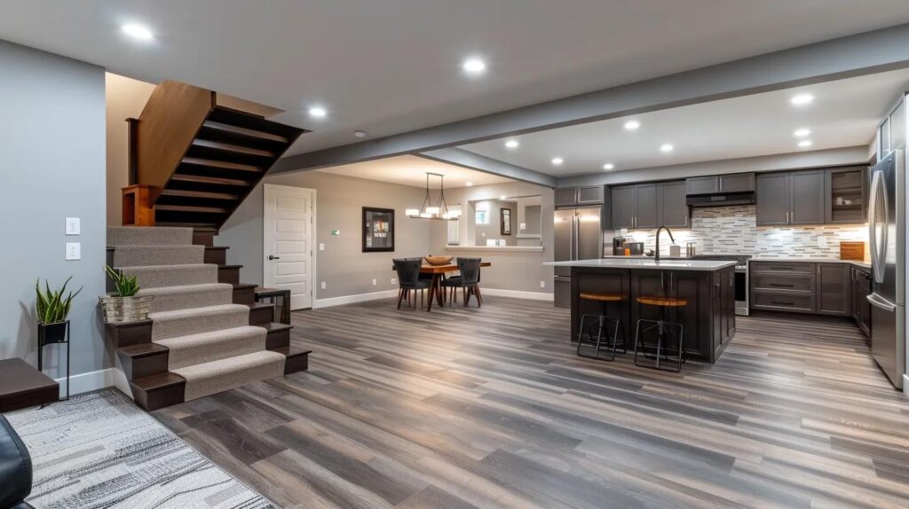 Key Factors in Basement Finishing Costs for Des Moines 2 a modern basement renovation in an urban des moines setting showcases elegantly finished walls, sleek flooring, and stylish cabinetry, reflecting the intricate details and costs associated with transforming this underground space.