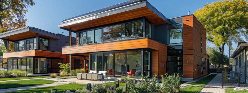 Discover Sustainable Building Practices in Des Moines 1 a modern, eco-friendly home in des moines showcases innovative sustainable building practices, featuring sleek solar panels, energy-efficient windows, and a minimalist design against a backdrop of a vibrant urban neighborhood.