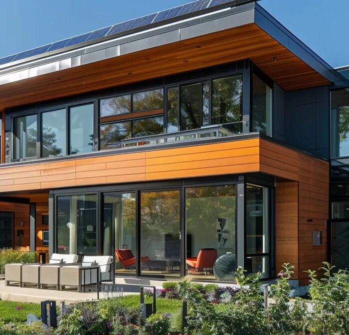 a modern, eco-friendly home in des moines showcases innovative sustainable building practices, featuring sleek solar panels, energy-efficient windows, and a minimalist design against a backdrop of a vibrant urban neighborhood.