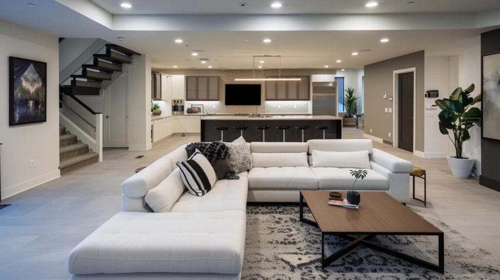 Navigating Basement Finishing Costs in Des Moines 3 a modern, elegantly finished basement in a des moines home showcases stylish furnishings, ambient lighting, and a comfortable layout, illustrating the practical value and aesthetic appeal of basement finishing.