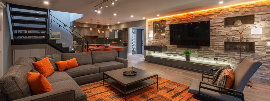Brighten Your Living Space With Des Moines Basement Services 5 a modern, elegantly finished basement transformed into a stylish living space, complete with contemporary furniture and warm ambient lighting, showcasing des moines basement services' exceptional craftsmanship.