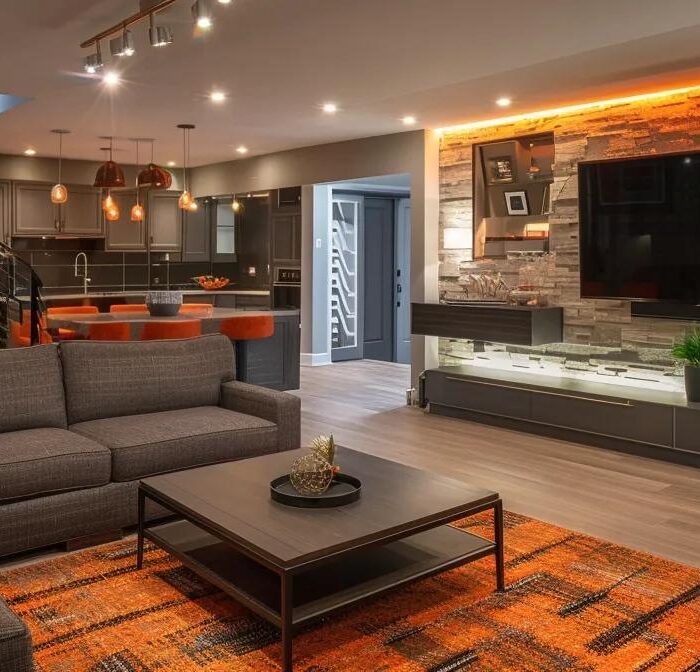 a modern, elegantly finished basement transformed into a stylish living space, complete with contemporary furniture and warm ambient lighting, showcasing des moines basement services' exceptional craftsmanship.