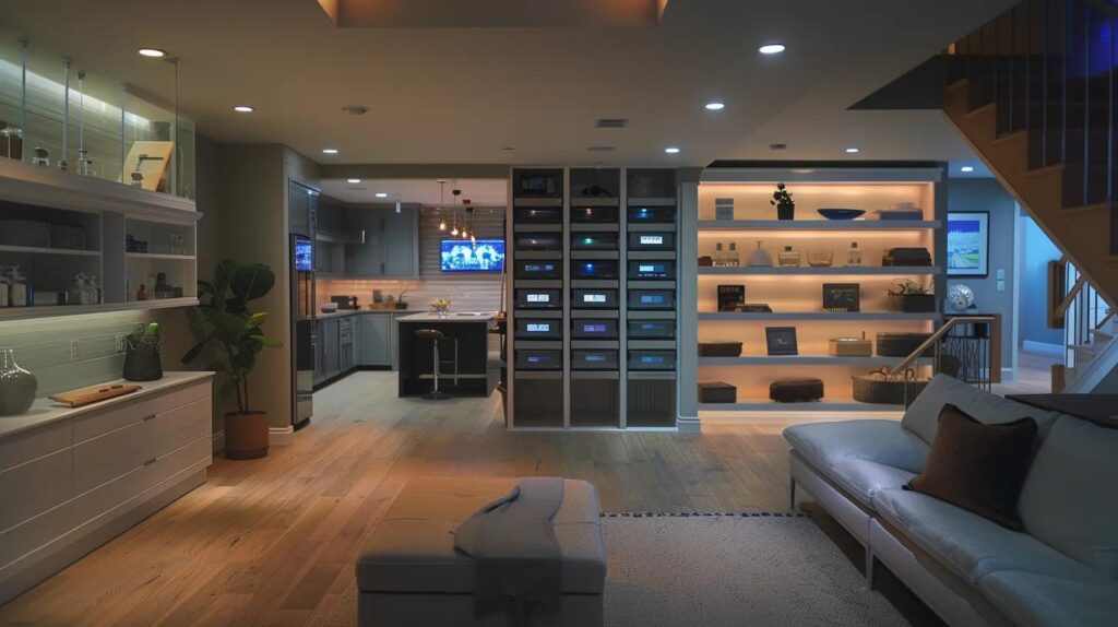 Innovative Basement Finishing Ideas for Unique Storage 5 a modern finished basement showcases a well-organized smart storage system with sleek shelving, digital inventory displays, and smart labeling, illuminated by soft overhead lighting that highlights the efficient layout.