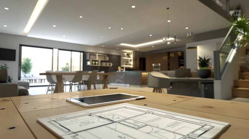 Cost Breakdown: Finishing a Basement in Des Moines 4 a modern home office with a sleek wooden desk showcasing a detailed blueprint of a basement remodeling project, complemented by a digital tablet displaying contractor reviews and a focused homeowner analyzing options in a clean, minimalist environment.