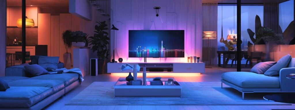 Home Building Trends Reshaping Des Moines This Year 2 a modern living room adorned with sleek smart home devices, showcasing touchscreen panels controlling ambient lighting and temperature while a smart security camera watches over the stylishly furnished space.