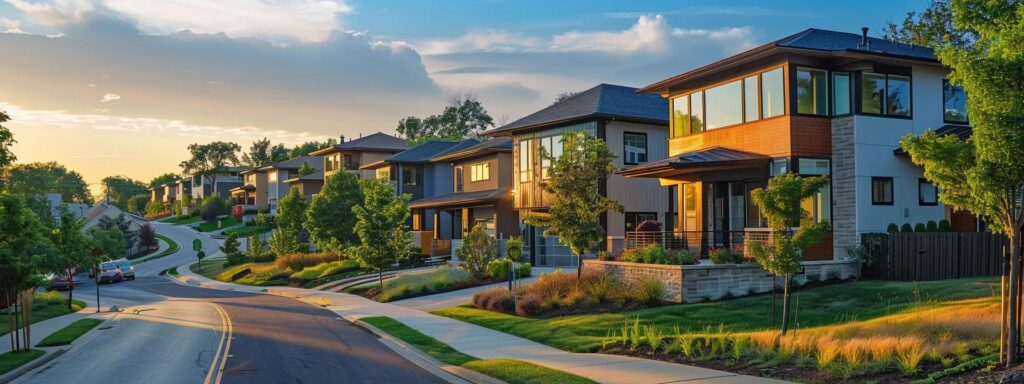 Green New Home Construction Trends in Des Moines Market 2 a modern neighborhood in des moines features a diverse array of architecturally striking homes, showcasing sleek contemporary designs with expansive windows alongside charming craftsman and colonial revival styles, all set against a vibrant urban backdrop.