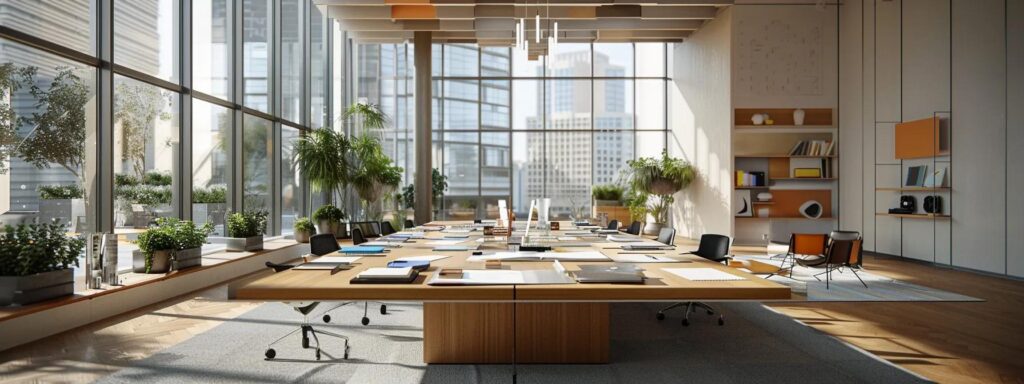 How Design Choices Affect Cost of Home Builds in Des Moines 2 a modern office meeting room features a large table covered with vibrant samples of building materials, highlighting the diverse choices that impact home construction costs in an urban setting.