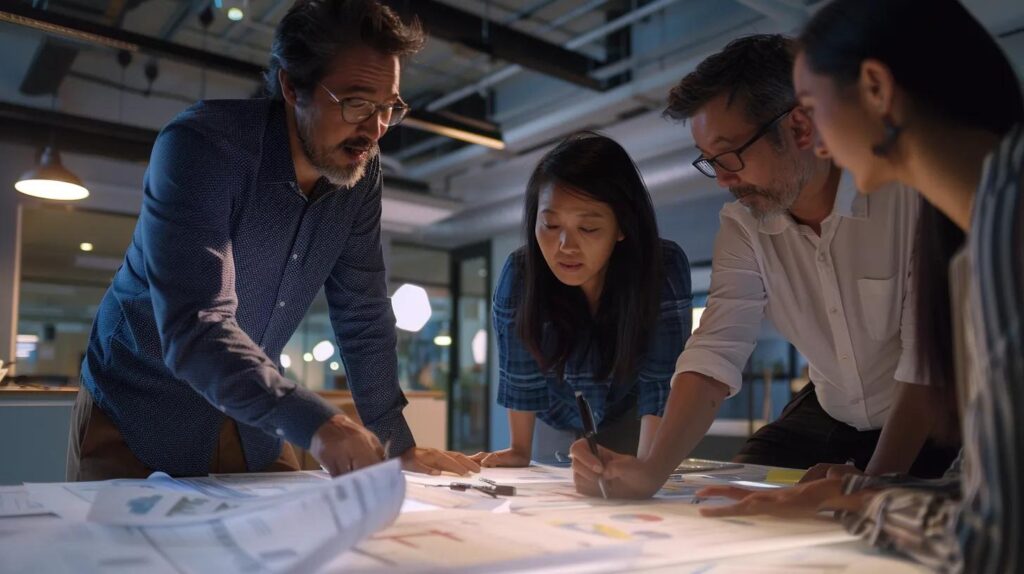 Knowing When Your Basement Is Ready for Finishing Work 5 a modern office space showcases an active meeting with a diverse team of professionals collaborating over detailed blueprints and budgeting documents, emphasizing the strategic planning process for a basement renovation project.