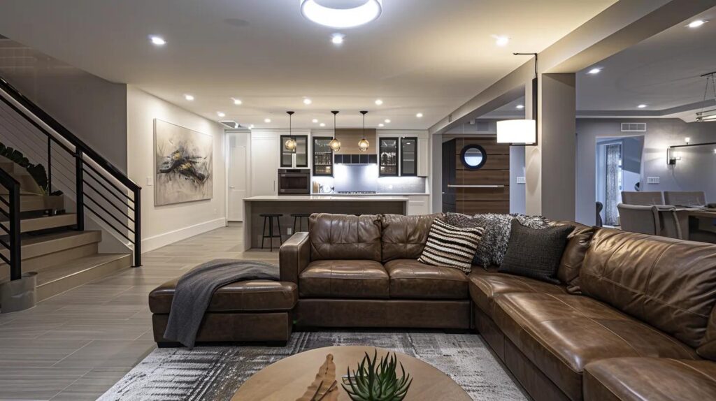 How to Interpret Your Basement Finishing Price Quote Clearly 9 a modern, sleek basement renovation showroom showcases a meticulously designed finished basement, highlighting various luxurious materials and fixtures for an upscale, inviting space.