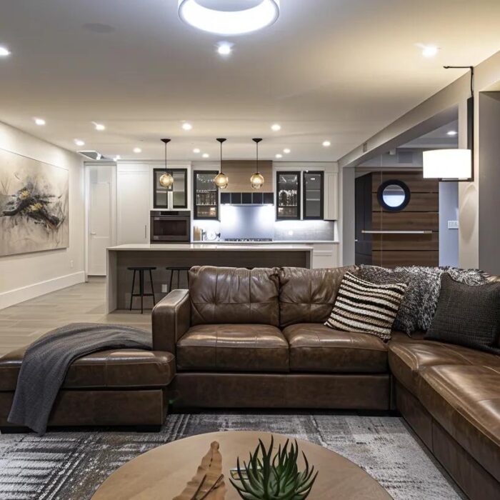 a modern, sleek basement renovation showroom showcases a meticulously designed finished basement, highlighting various luxurious materials and fixtures for an upscale, inviting space.