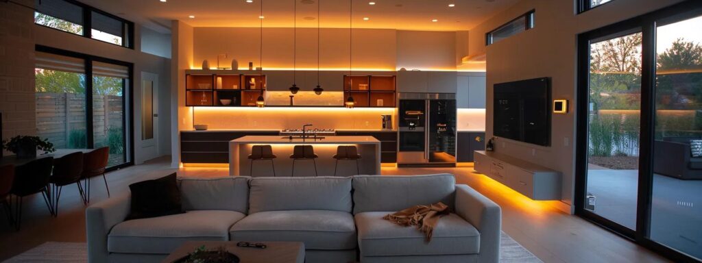 Enhance Your Des Moines New Build With Smart Home Features 1 a modern, sleek interior of a newly built smart home in des moines showcases an array of high-tech features, including automated lighting systems and a voice-activated control panel, all illuminated by warm artificial lighting that enhances the contemporary design.