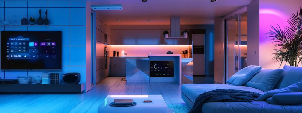 Enhance Your Des Moines New Build With Smart Home Features 2 a modern, sleek smart home interior featuring a centralized control panel glowing softly, highlighting energy-efficient appliances and innovative security systems seamlessly integrated into the stylish living space.