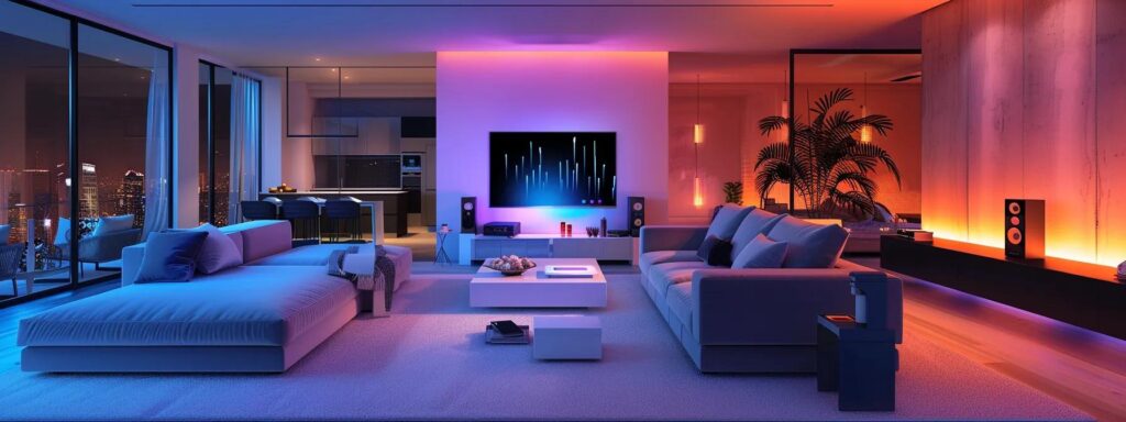 Enhance Your Des Moines New Build With Smart Home Features 4 a modern smart home interior showcases sleek, integrated technology with a glowing voice assistant hub at the center, illuminating a stylish living space while vibrant smart lighting adjusts to create a dynamic ambiance.