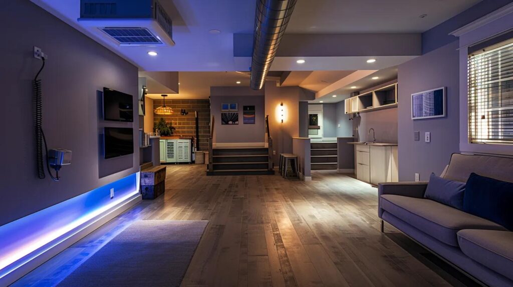 Creative Finished Basement Spaces for Maximum Home Value 4 a modern, stylish basement showcasing energy-efficient systems, including sleek hvac units and walls adorned with recycled materials, illuminated by warm, inviting lighting that highlights the eco-friendly design.
