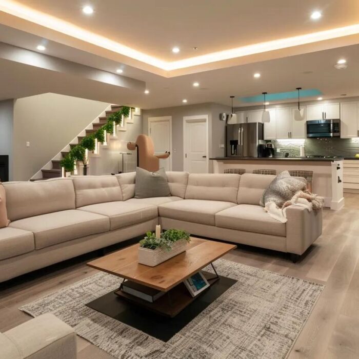 a modern, stylish finished basement featuring sleek furniture, elegant lighting, and organized storage, showcasing its potential as a vibrant living space that enhances home value.