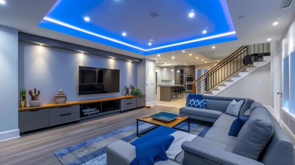 Creative Finished Basement Spaces for Maximum Home Value 2 a modern, stylishly finished basement transformed into a multifunctional family room with sleek furniture, vibrant lighting, and contemporary decor, showcasing the space's potential for entertainment and utility.