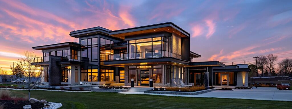 How Design Choices Affect Cost of Home Builds in Des Moines 3 a modern, upscale home construction site in des moines, showcasing luxurious building features like a grand entrance, intricate architectural details, and premium materials against a backdrop of a bustling urban landscape, emphasizing the contrast between high-end design and the surrounding neighborhood.