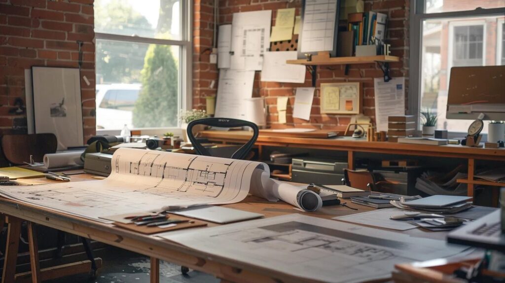 Key Factors in Basement Finishing Costs for Des Moines 4 a modern, well-lit office space features an architect's desk cluttered with blueprints and building permits, highlighting the meticulous process of basement remodeling compliance in des moines.