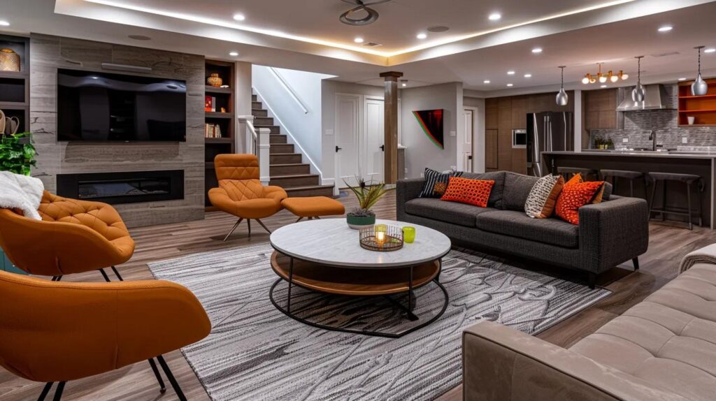 Cost Breakdown: Finishing a Basement in Des Moines 7 a modern, well-lit basement renovation in an urban des moines setting, showcasing stylish furniture and sleek finishes that convey the cost-effective potential of finishing a basement.