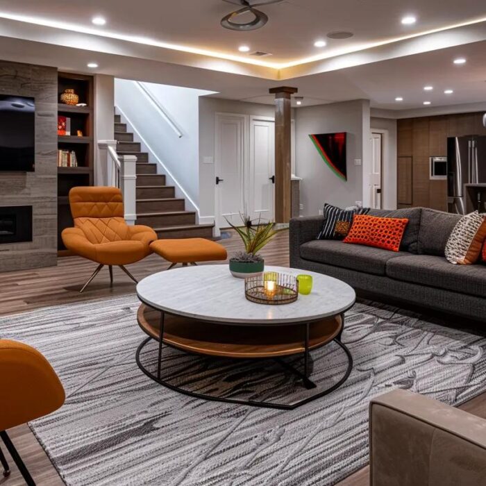 a modern, well-lit basement renovation in an urban des moines setting, showcasing stylish furniture and sleek finishes that convey the cost-effective potential of finishing a basement.