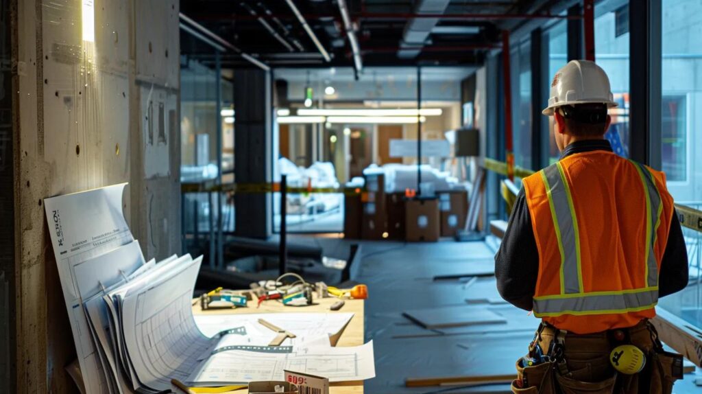 Maximize Space Efforts in Your Basement Renovation Process 4 a modern, well-lit basement under construction displays an open space with clear safety signage, blueprints spread out on an architect's table, and a contractor reviewing local building codes with a focus on compliance and regulations.