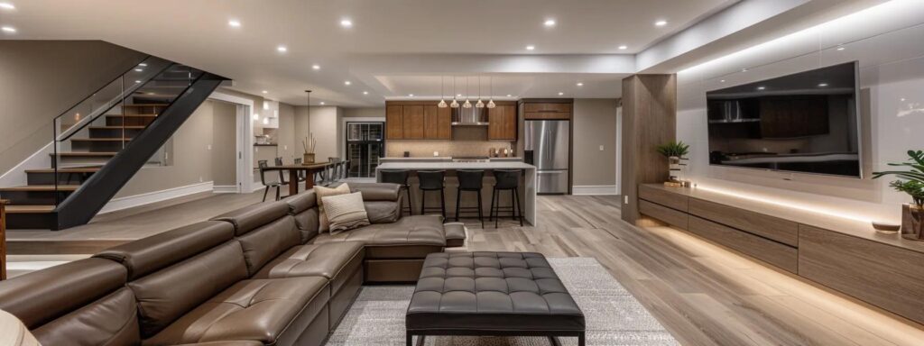 Local Basement Finishing Experts: Quality You Can Trust 6 a polished, modern basement interior showcases the craftsmanship of local finishing experts, featuring elegant lighting, sleek furnishings, and a cozy entertainment area, all set within a stylish urban home.