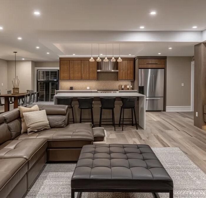 a polished, modern basement interior showcases the craftsmanship of local finishing experts, featuring elegant lighting, sleek furnishings, and a cozy entertainment area, all set within a stylish urban home.