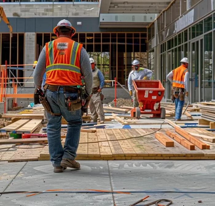 a sleek and modern urban construction site in des moines showcases skilled builders working diligently on a high-quality deck installation amidst an array of tools and building materials, highlighting craftsmanship and precision under industrial light.