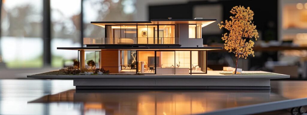 Modern Building Approaches Enhancing Des Moines Home Design 3 a sleek architectural model of a modern home sits prominently on a polished conference table in a contemporary office, illuminated by warm lighting that highlights the intricate design details and reflects the fusion of sustainability and innovation in homebuilding.