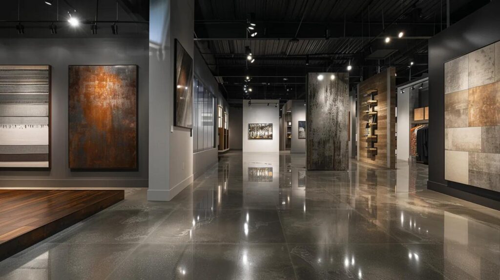 Affordable vs Premium Basement Finishing: What Suits You? 4 a sleek, modern basement showroom showcases contrasting chic designs for affordable and premium finishes, highlighted by dramatic lighting that accentuates their unique textures and colors.