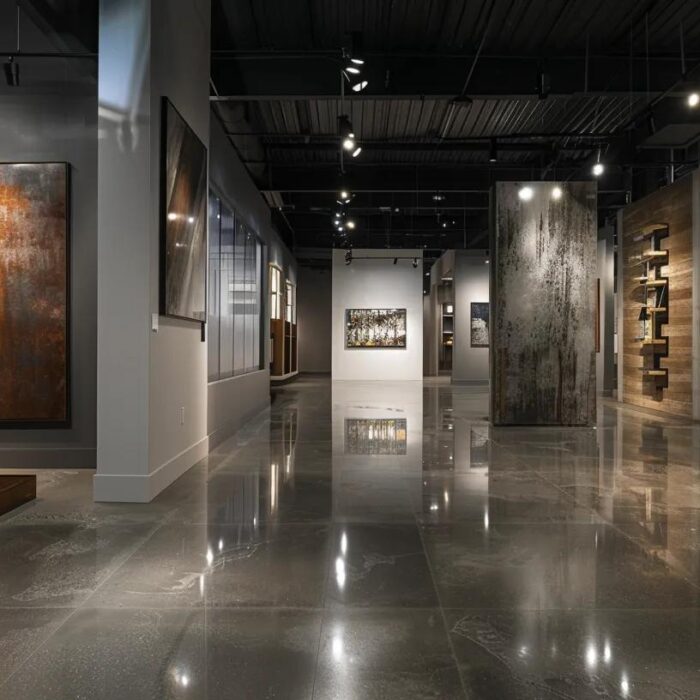 a sleek, modern basement showroom showcases contrasting chic designs for affordable and premium finishes, highlighted by dramatic lighting that accentuates their unique textures and colors.