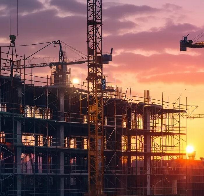 a sleek, modern construction site in des moines showcases innovative building techniques with scaffolding, cranes, and contemporary homes under construction, illuminated by bright overhead lights against a clear evening sky.