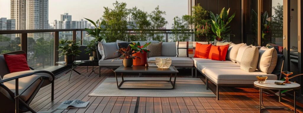 Top Deck Builders in Des Moines: Quality Work Guaranteed 4 a sleek, modern deck in an urban setting features stylish outdoor furniture and integrated technology, designed for multifunctional use, ideal for dining, entertaining, and relaxing.