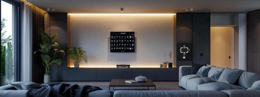 Enhance Your Des Moines New Build With Smart Home Features 5 a sleek, modern home interior showcases a sophisticated smart home control panel on a minimalist wall, with various trusted brand devices seamlessly integrated into a stylish living space, emphasizing compatibility and cutting-edge technology.