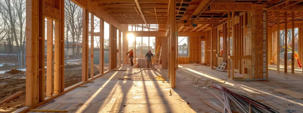 Modern Building Approaches Enhancing Des Moines Home Design 2 a sleek, modern home under construction in des moines showcases advanced framing and smart technology, featuring workers diligently examining blueprints and installing high-efficiency insulation in a well-lit, contemporary setting.