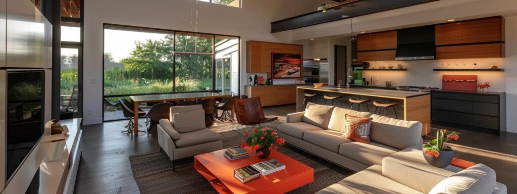 Discover Sustainable Building Practices in Des Moines 3 a sleek, modern living room in a des moines residence showcases advanced water conservation systems, featuring a stylish rainwater harvesting unit and low-flow plumbing fixtures, creating an innovative urban environment focused on sustainability and efficiency.