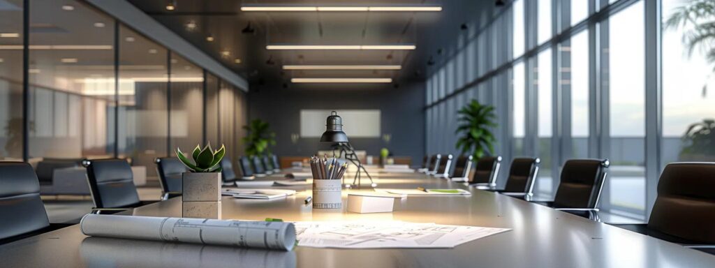 How Design Choices Affect Cost of Home Builds in Des Moines 1 a sleek, modern office meeting room in des moines, featuring a large table with blueprints and 3d models of homes, illuminated by bright overhead lights, showcasing discussions on design decisions impacting home building costs.