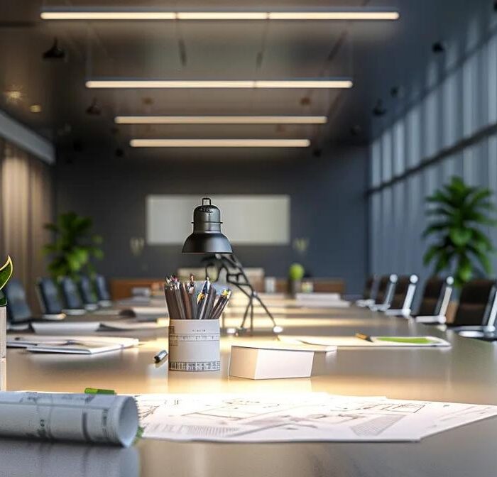 a sleek, modern office meeting room in des moines, featuring a large table with blueprints and 3d models of homes, illuminated by bright overhead lights, showcasing discussions on design decisions impacting home building costs.