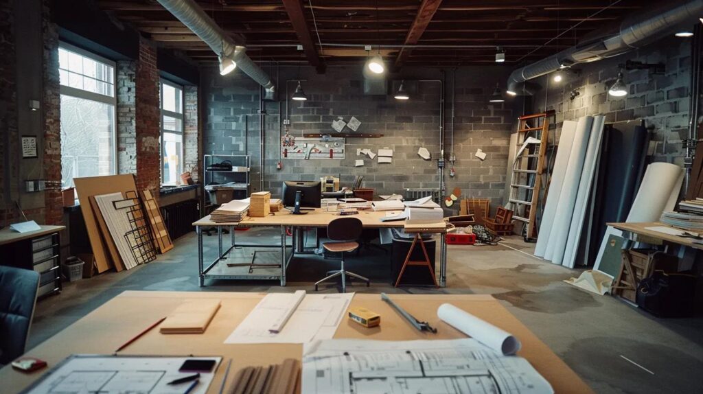 Key Factors in Basement Finishing Costs for Des Moines 3 a sleek, modern office setting in des moines, showcasing a half-finished basement with construction materials, blueprints, and tools scattered around, emphasizing the complexities of basement finishing costs.