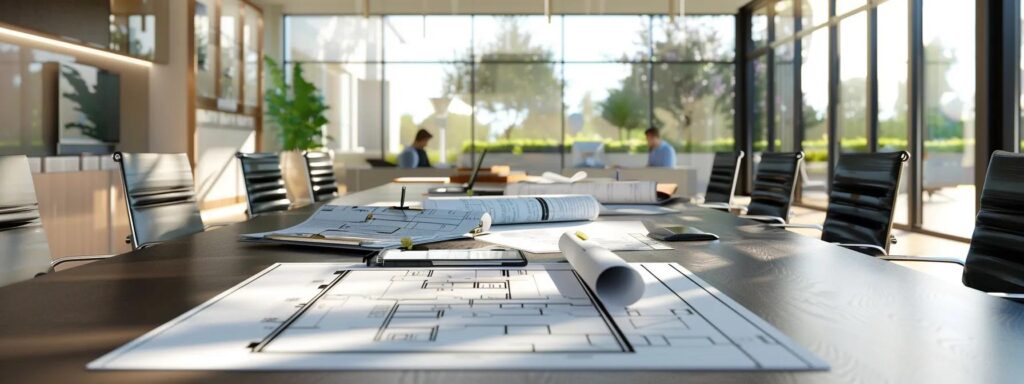What Sets Des Moines Custom Home Builders Apart 1 a sleek, modern office space showcases a collaborative meeting between innovative custom home builders and satisfied clients, emphasizing architectural blueprints and design plans spread across a polished conference table.
