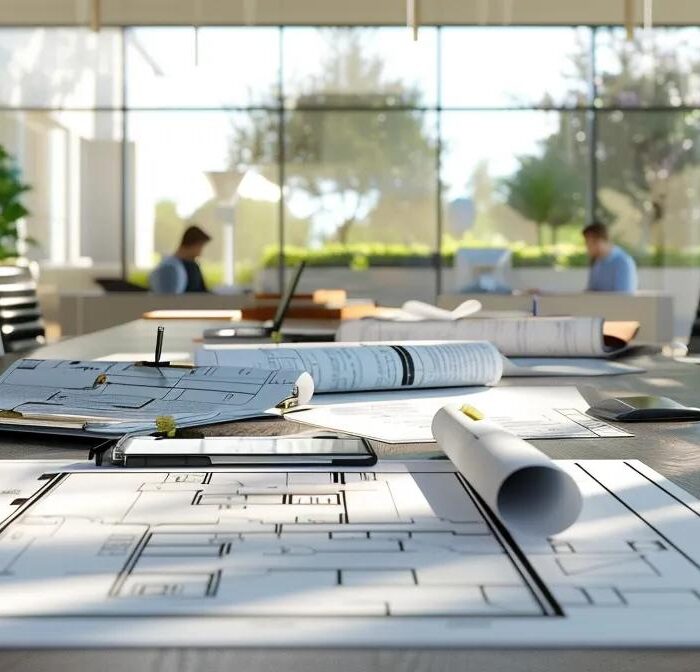 a sleek, modern office space showcases a collaborative meeting between innovative custom home builders and satisfied clients, emphasizing architectural blueprints and design plans spread across a polished conference table.