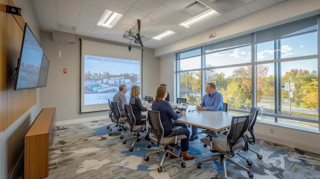 Navigating Basement Finishing Costs in Des Moines 5 a sophisticated interior office meeting room in des moines showcases a diverse group of professionals engaged in an animated discussion, surrounded by architectural plans and budget spreadsheets for a basement finishing project.
