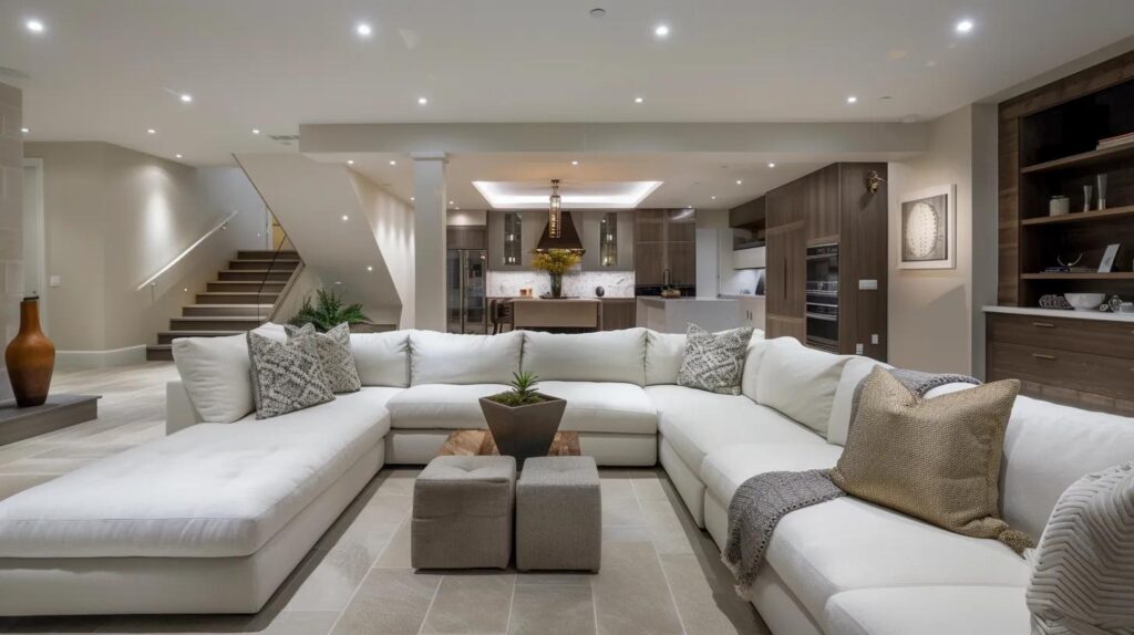 Navigating Basement Finishing Costs in Des Moines 5 a sophisticated underground basement transformation showcases modern design elements with elegant furnishings and ambient lighting, emphasizing the potential luxury of finished spaces in an urban setting.