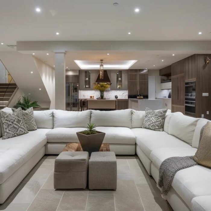 a sophisticated underground basement transformation showcases modern design elements with elegant furnishings and ambient lighting, emphasizing the potential luxury of finished spaces in an urban setting.