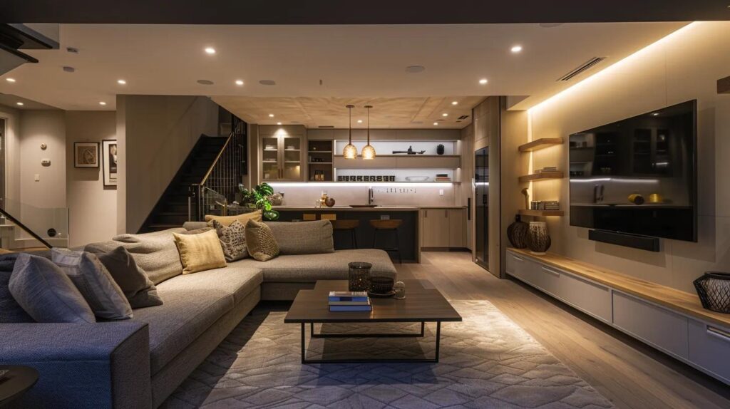 Cost Breakdown: Finishing a Basement in Des Moines 5 a stylish modern basement showcases a versatile living space with sleek furnishings, ambient lighting, and contemporary decor, embodying the latest design trends for functionality and comfort.