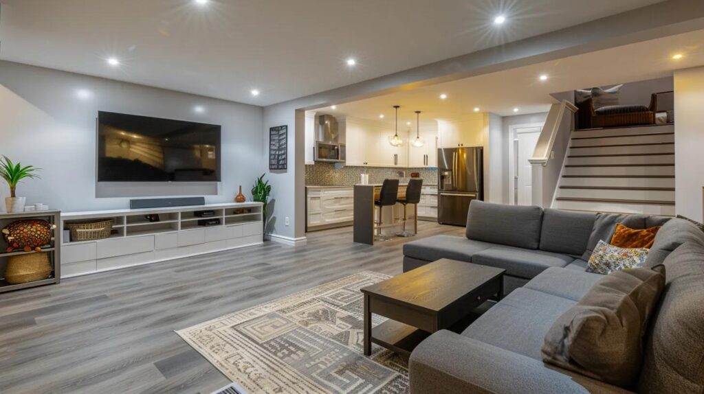 Affordable vs Premium Basement Finishing: What Suits You? 2 a stylishly renovated basement featuring modern furnishings, bright lighting, and organized storage solutions, showcasing the potential of affordable basement finishing options.